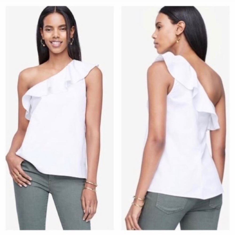 NWT Ann Taylor One Shoulder White Ruffle Shirt